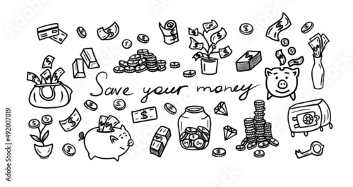 Set -save your money  in doodle style,vector.Doodle design elements. Finance, payments, banks, cash and piggy bank.