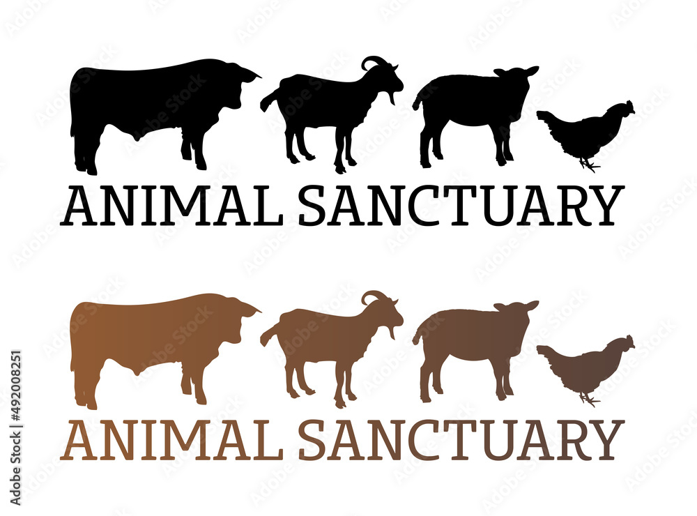 Animal sanctuary concept – text with silhouettes of saved farm animals – cow, goat, sheep, and hen or chicken isolated on a white background. Place where animals are protected and have a shelter.