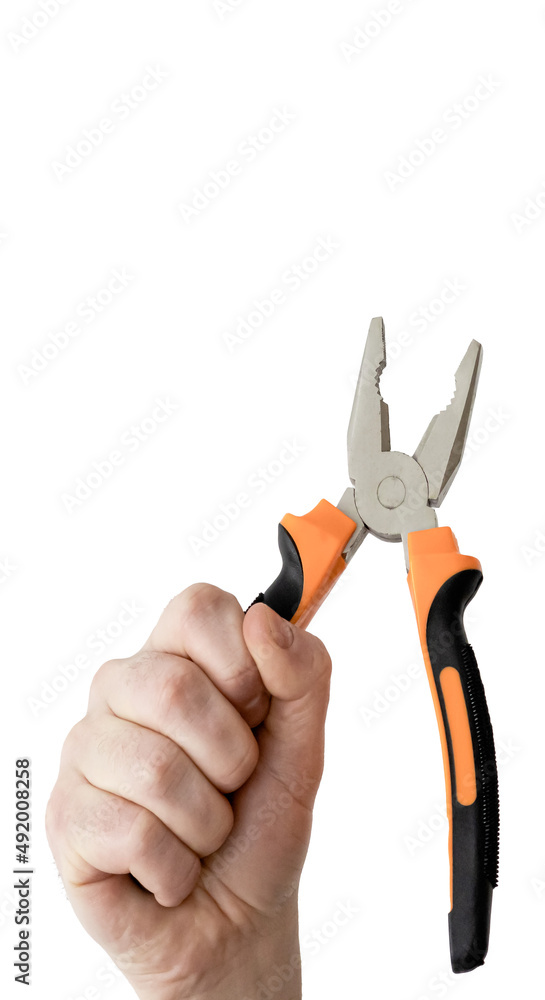 Hand holds pliers on white background, maintenance concept, electrician, manual labor. Hand holds pliers on white background, maintenance concept, electrician, manual labor.