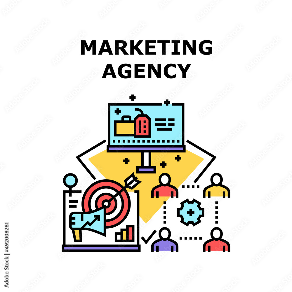 Marketing Agency Vector Icon Concept. Marketing Agency For Researching Customer Attitude And Creation Promotion Project. Planning Strategy For Online Advertisement Color Illustration