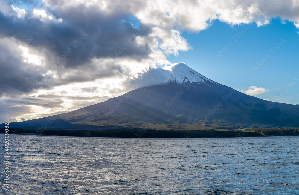 Todos los Santos (Allsaints) lake with the snow-capped Osorno volcano in the background, Vicente Rosales National Park, Puerto Varas, Chile Todos los Santos (Allsaints) lake with the snow-capped Osorno volcano in the background, Vicente Rosales National Park, Puerto Varas, Chile