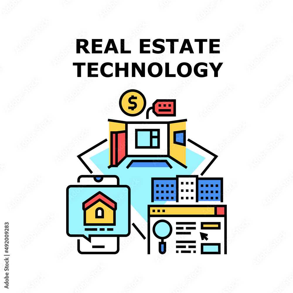 Real Estate Technology Vector Icon Concept. Real Estate Technology For Searching And Researching Apartment Or House Online On Website And Mobile Phone Application Color Illustration Real Estate Technology Vector Icon Concept. Real Estate Technology For Searching And Researching Apartment Or House Online On Website And Mobile Phone Application Color Illustration