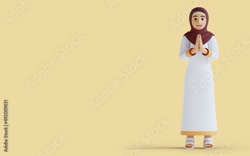3d render 3d rendering muslim women with namaste pose eid al fitr or ramadan