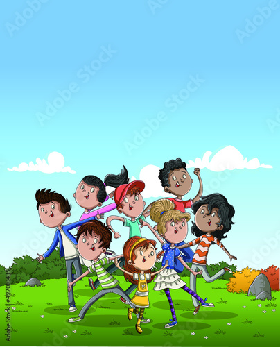 Group of happy cartoon young people on green grass. Teenagers in the park.
