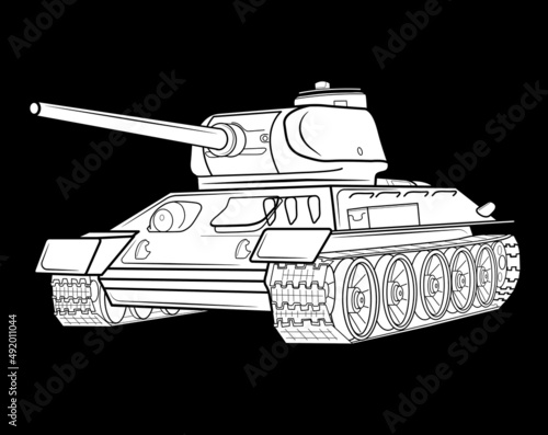 Black silhouette. Realistic military tank in isolate on black background. Vector illustration.