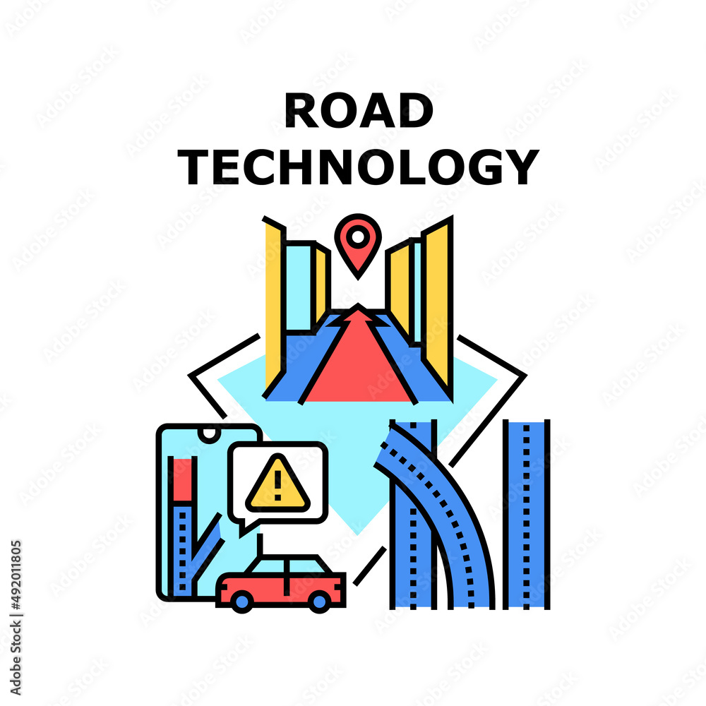 Naklejka premium Road Technology Vector Icon Concept. Gps Navigation And Digital Map Device Road Technology For Traveling In Car. Automobile Highway And Roadway With Innovative System Color Illustration