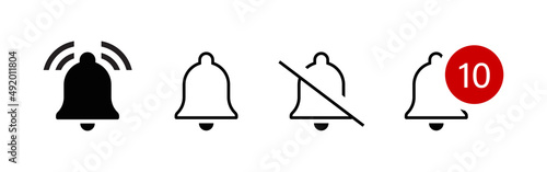 Notification bell icon. Alarm symbol. Incoming inbox message. Silent symbol. Ringing bells. Alarm clock and smartphone application alert. Social media element.