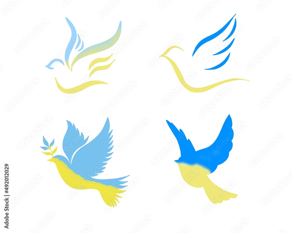 big set of Dove of peace icon. Flying bird. Peace concept. yellow doves symbolism - Ukrainian flag