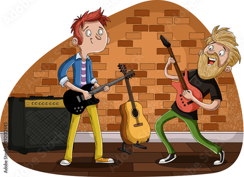 Cartoon men playing on a rock'n'roll with guitars