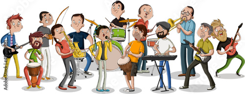 Big band with cartoon people playing on a music
