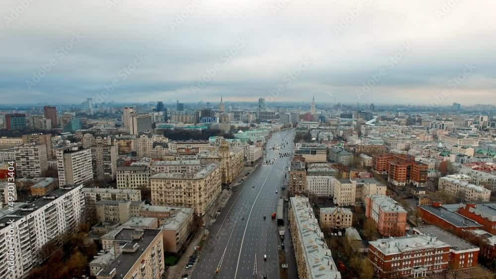 Central Highway of Moscow. Garden ring, Sadovoye Koltso in Moscow in cloudy weather. Empty Moscow. Aerial view Central Highway of Moscow. Garden ring, Sadovoye Koltso in Moscow in cloudy weather. Empty Moscow. Aerial view