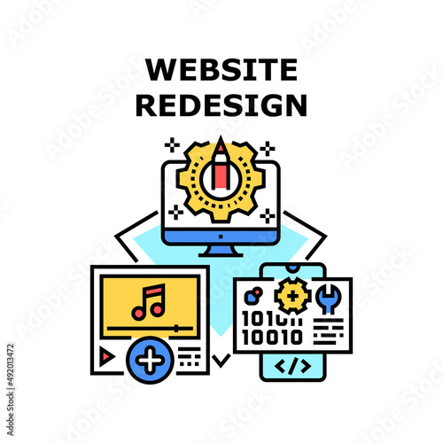 Website Redesign Vector Icon Concept. Website Redesign Creative Occupation, Adding Video Clip And Create Graphic Website. Programmer And Designer Professional Occupation Color Illustration