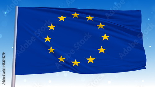 Waving National Flag Of Europe In The Wind With Pole On Cloudy Fog Glitter Dust Flying Blue Sky 3D Rendering