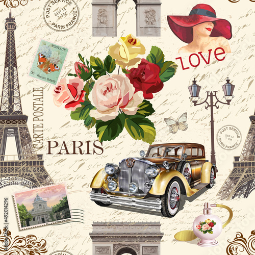 Photography Seamless Paris vintage  background with retro car, roses and Paris symbols