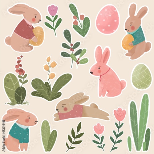 Collection of stickers of Easter bunnies and botanical elements, flowers and leaves. Digital illustration.
