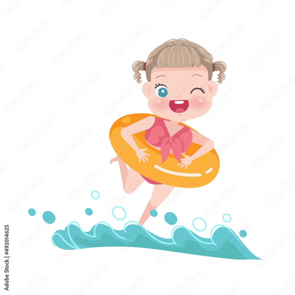 caucasian girl in a bathing suit wearing a rubber ring running on the beach