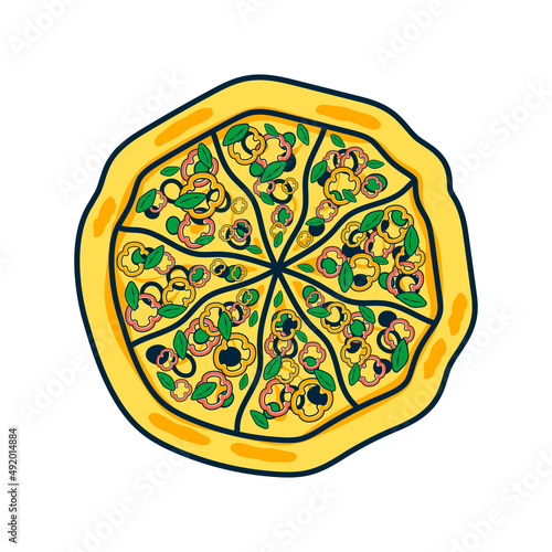 Pizza with olives, basil, red and yellow pepper cut into circles. Stylized vector drawing