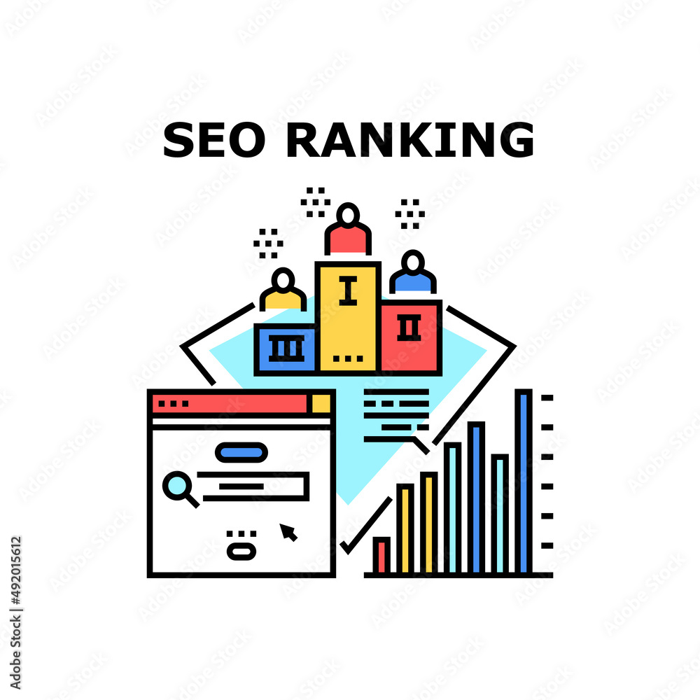 Seo Ranking Vector Icon Concept. Seo Ranking Position After Researching Digital Internet Business Content, Analyzing Infographic. Marketing And Optimization Technology Color Illustration Seo Ranking Vector Icon Concept. Seo Ranking Position After Researching Digital Internet Business Content, Analyzing Infographic. Marketing And Optimization Technology Color Illustration