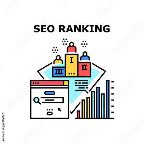 Seo Ranking Vector Icon Concept. Seo Ranking Position After Researching Digital Internet Business Content, Analyzing Infographic. Marketing And Optimization Technology Color Illustration