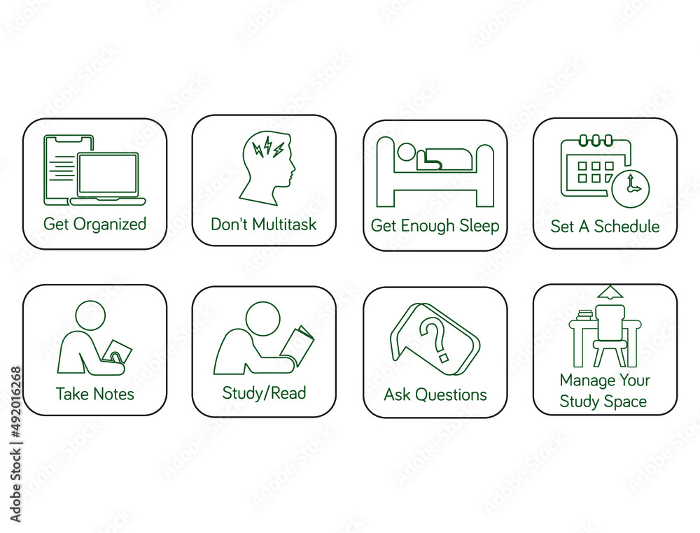 habits of a successful student get organized, don't multitask, get enough sleep, set a schedule, take notes, study, read, ask questions icon set line art vector illustration habits of a successful student get organized, don't multitask, get enough sleep, set a schedule, take notes, study, read, ask questions icon set line art vector illustration