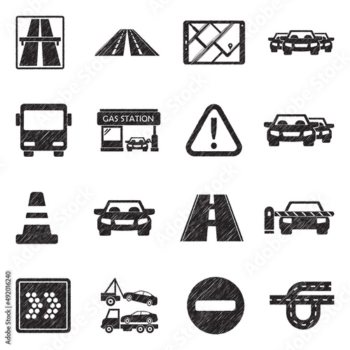 Highway Icons. Black Scribble Design. Vector Illustration.