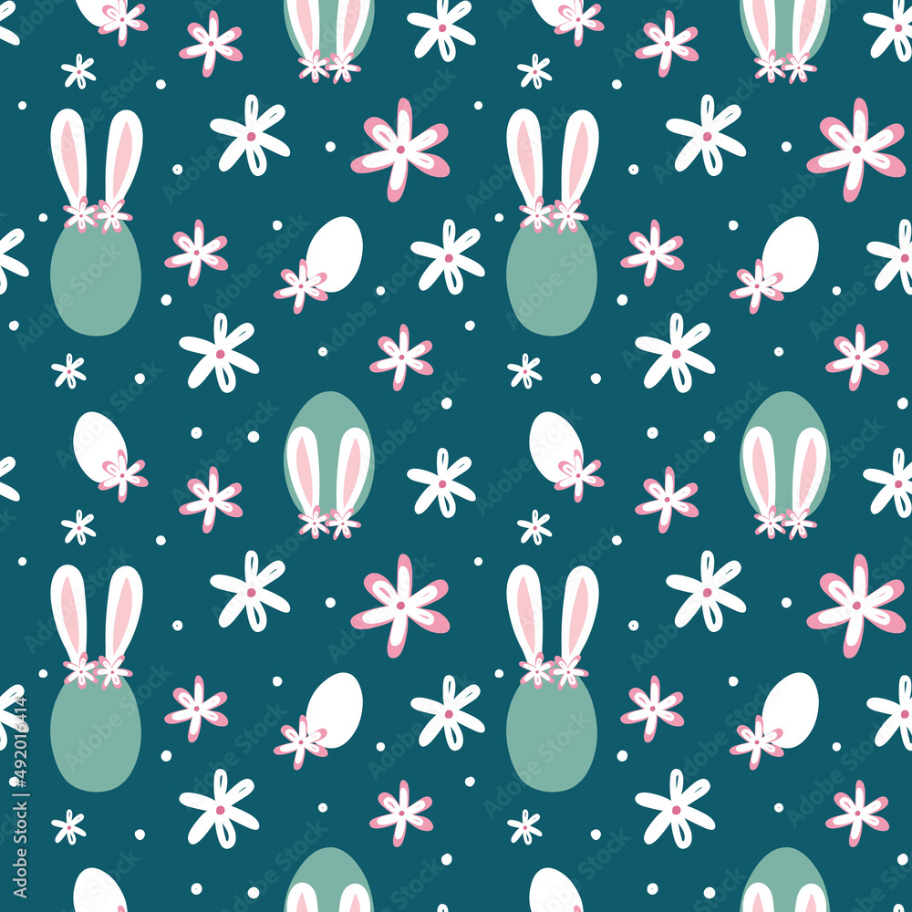 Bunny, egs and daisy cute vector seamless pattern. Easter blue background. Hand drawn illustration