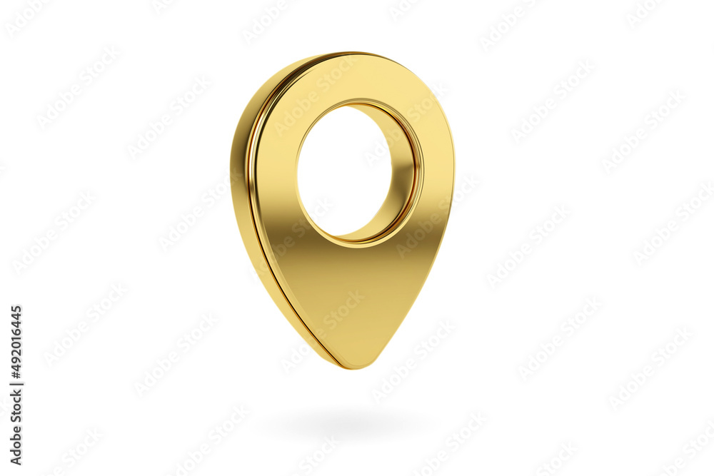Gold icon map pointer 3d pin. Location symbol isolated on white background. Web location point, pointer. 3D rendering.