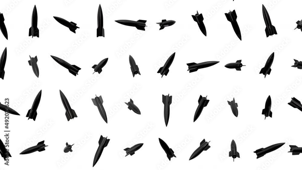 Abstract background with falling and rotating black air bombs isolated on white color. Military concept art. Modern design composition. Realistic looped 3d animation. Abstract background with falling and rotating black air bombs isolated on white color. Military concept art. Modern design composition. Realistic looped 3d animation.
