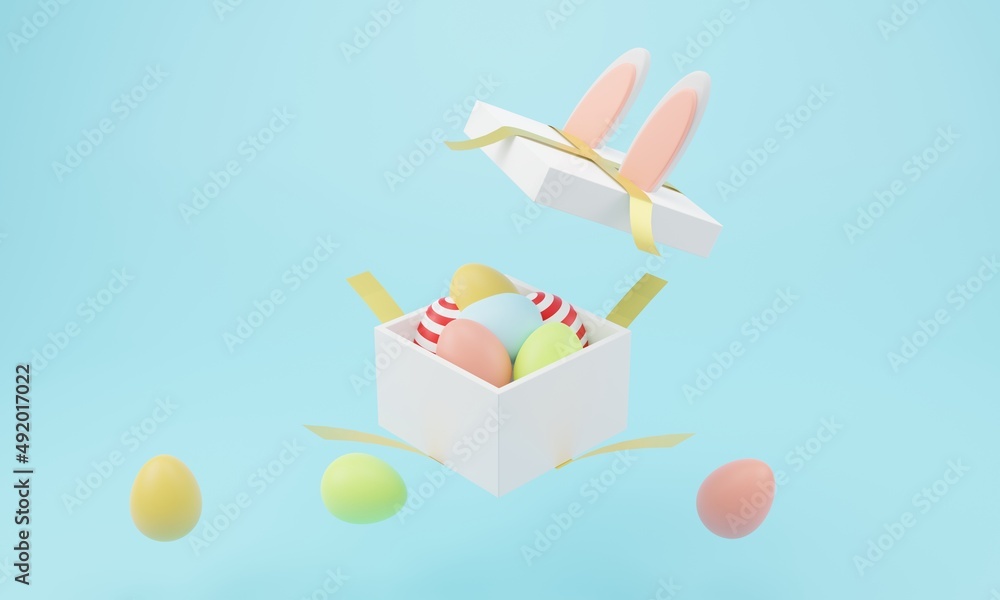 Happy Easter. cute cartoon Easter composition. gift open box . Bunny ears and painted eggs on a delicate background. 3D illustration