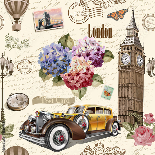 Seamless London vintage  background with retro car, roses and London symbols.