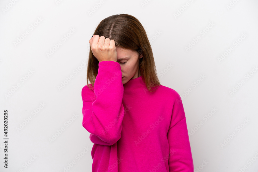Young English woman isolated on white background with headache Young English woman isolated on white background with headache