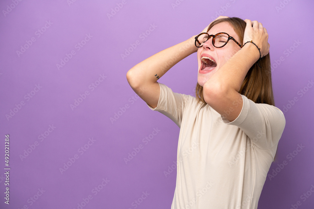 Young English woman isolated on purple background stressed overwhelmed Young English woman isolated on purple background stressed overwhelmed