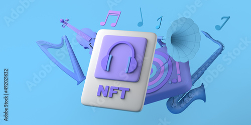 Non fungible token of digital art. NFT of music with musical instruments on the blockchain. 3D illustration. Copy space.