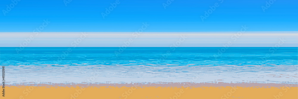 Panoramic view of the sandy beach of the sea, blurred summer background. Blue sky, sea and yellow sand. Panoramic view of the sandy beach of the sea, blurred summer background. Blue sky, sea and yellow sand.