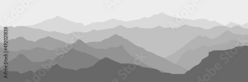 Vector illustration of mountains, ridge in the morning haze, panoramic view, black and white