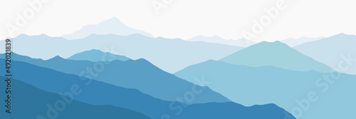 Vector illustration of mountains, ridge in the morning haze, panoramic view.