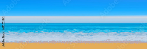 Fototapeta Naklejka Na Ścianę i Meble -  Panoramic view of the sandy beach of the sea, blurred summer background. Blue sky, sea and yellow sand.