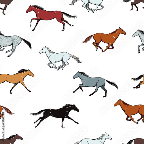 Galloping horse seamless pattern. Equine coat color running motion set. Equestrian animation cartoon hand drawn vector. Wild mustang herd. Bay, sorrel, grey, dun, dapple pony. Silk scarf background