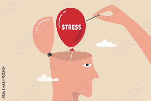 Stress management, relaxation to relieve anxiety or anger from your brain, meditation to help reduce stress concept, doctor help solve anxiety problem using needle to burst stress balloon.