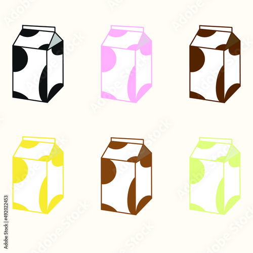 Hand drawn cute milk carton boxes cartoon style in different color isolated on cream background