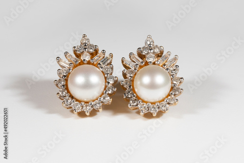White Pearl Earring with Prong Studded Diamond Halo Earring in Yellow Gold