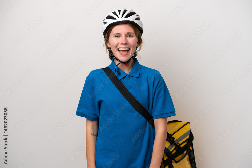Young English woman with thermal backpack isolated on white background with surprise facial expression Young English woman with thermal backpack isolated on white background with surprise facial expression