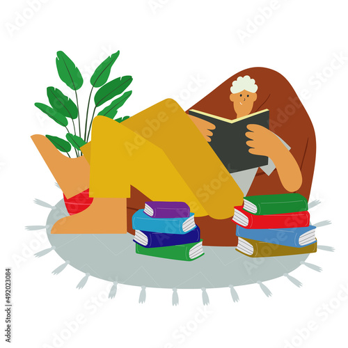 Bookcrossing concept. Happy man relaxing and reading the book. Modern illustration of book lovers, readers, literature fans isolated on white background. Vector
