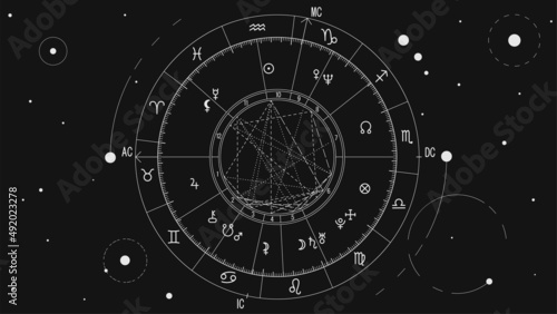 The scheme of the natal chart against the background of the starry sky, the diagram of the signs of the zodiac and the astrological forecast photo