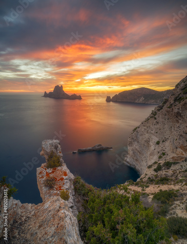 Sunset over the sea ,  Cap Llentrisca with es vedra island , ibiza