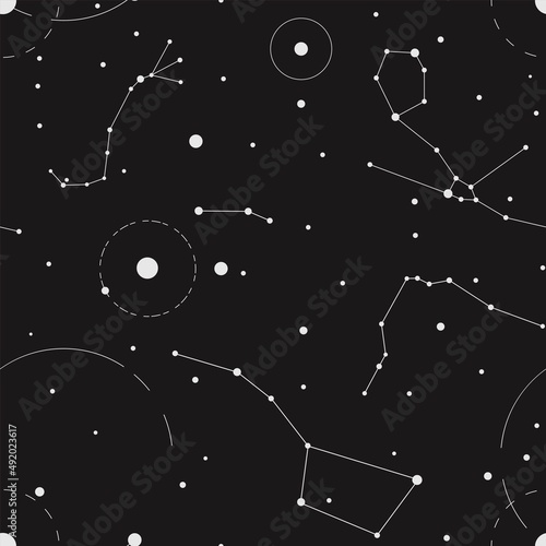 Seamless pattern with black starry sky and constellations