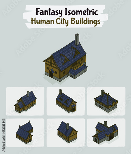 Human City Buildings Fantasy game assets - Isometric Vector Illustration