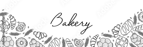 Trendy Vector horizontal background for bakery or cafe.Illustrations of buns,bread,baguette,and other pastries for packaging,labels,or signage.Line Art of food for banner, flyer or menu.Lettering