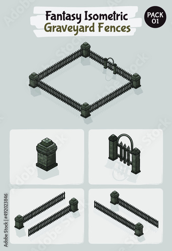 Isometric  Graveyard Fences  Fantasy game assets - Vector Illustration