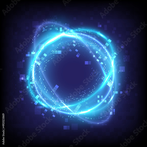 Glitch and pixels. Technology glowing swirl light effect. Magic abstract frame. Power energy of circular element. Luminous sci-fi. Shining neon lights cosmic. Futuristic swirl universe trail effect